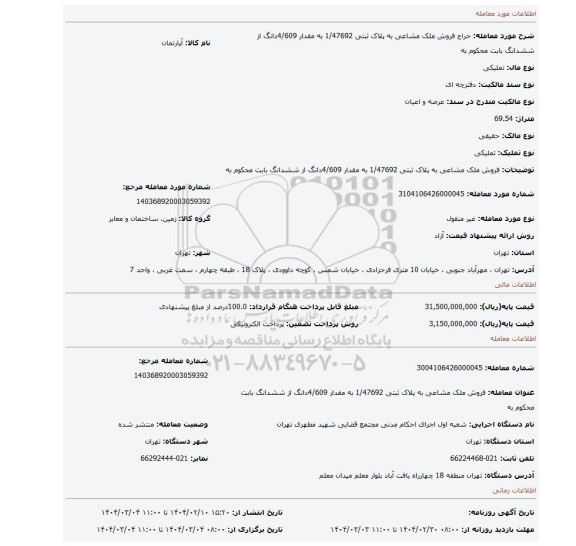 مزایده، فروش ملک مشاعی به پلاک ثبتی 1/47692 به مقدار 4/609دانگ از ششدانگ  بابت محکوم به