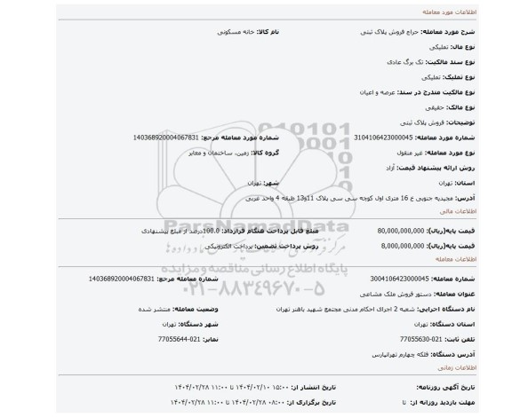 مزایده، فروش پلاک ثبتی