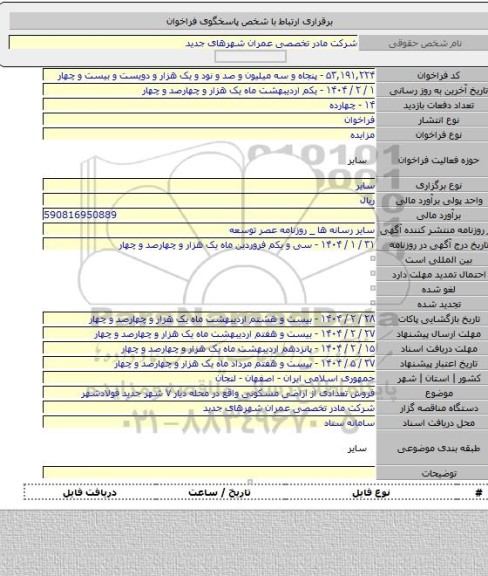 مزایده, فروش تعدادی از اراضی مسکونی واقع در محله دیار ۷ شهر جدید فولادشهر
