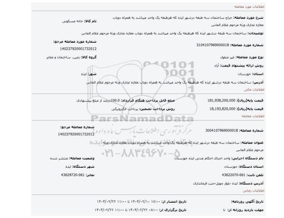 مزایده، ساختمان سه طبقه درشهر ایذه که هرطبقه یک واحد میباشد به همراه دوباب مغازه تجاری ورثه مرحوم غلام الماس