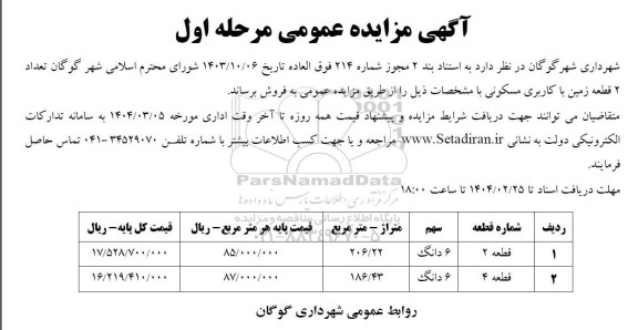مزایده فروش تعداد 2 قطعه زمین با کاربری مسکونی