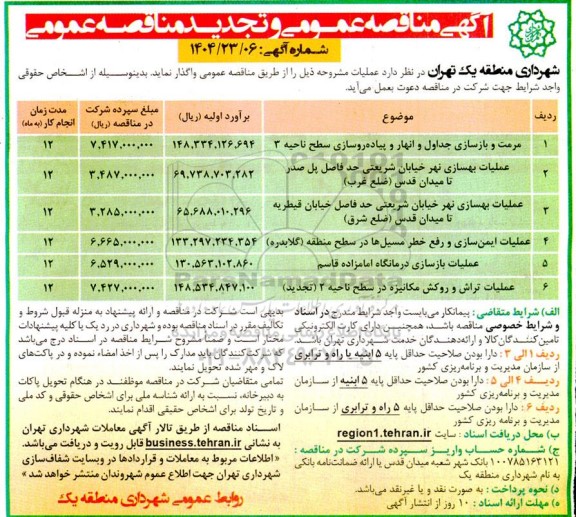مناقصه مرمت و بازسازی جداول و انهار و پیاده روسازی سطح ناحیه 3 و ...