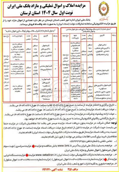 مزایده املاک و اموال تملیکی و مازاد بانک ملی
