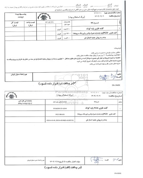 مناقصه، استعلام گلند فلزی پایه کوتاه