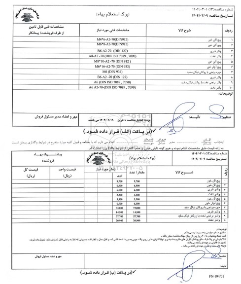 استعلام بها/ مناقصه پیچ آلن خور ...
