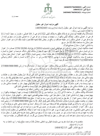 مزایده یک قطعه آپارتمان به پلاک ثبتی 1322 فرعی از 10 اصلی