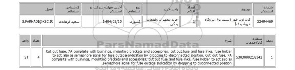 استعلام کات اوت فیوز (پست برق نیروگاه خورشیدی)
