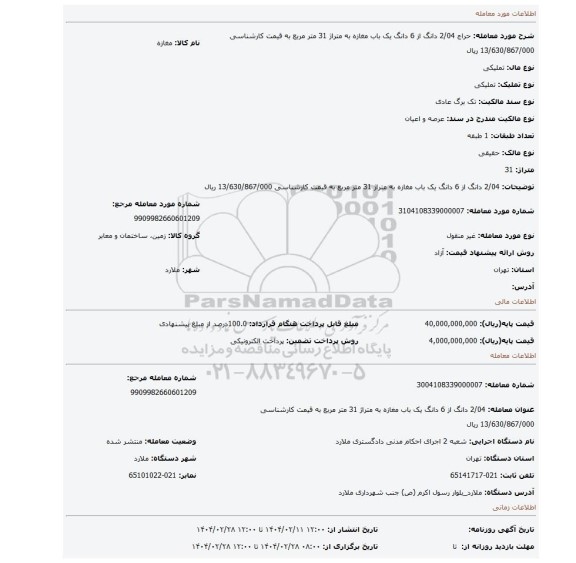 مزایده، 2/04 دانگ از 6 دانگ یک باب مغازه به متراژ 31 متر مربع به قیمت کارشناسی 13/630/867/000 ریال