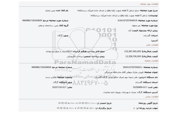مزایده، شامل 5 قطعه بصورت یکجا واقع در ابتدای جاده امیرآباد سرخنکلاته