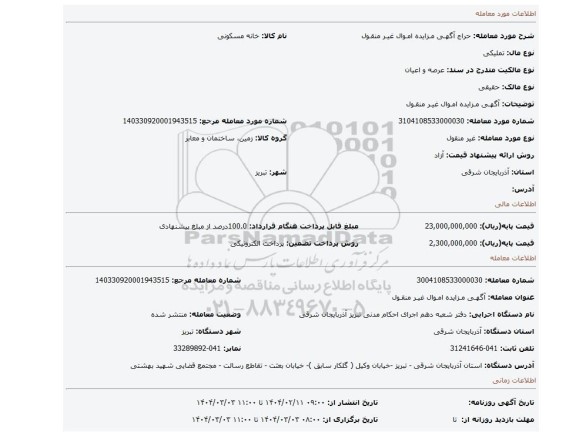 مزایده، آگهـی مـزایده امـوال غیـر منقـول