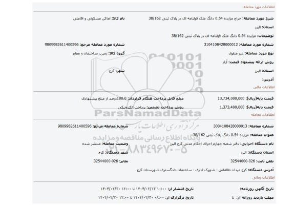 مزایده، مزایده 0.54 دانگ ملک قولنامه ای در پلاک ثبتی 38/162