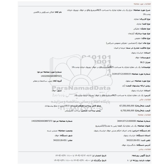 مزایده، یک باب مغازه تجاری به مساحت 96/5مترمربع واقع در خواف -روبروی خیابان وحدت10