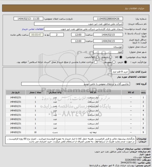 استعلام خرید 9 قلم ابزار