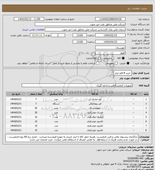 استعلام خرید 8 قلم ابزار