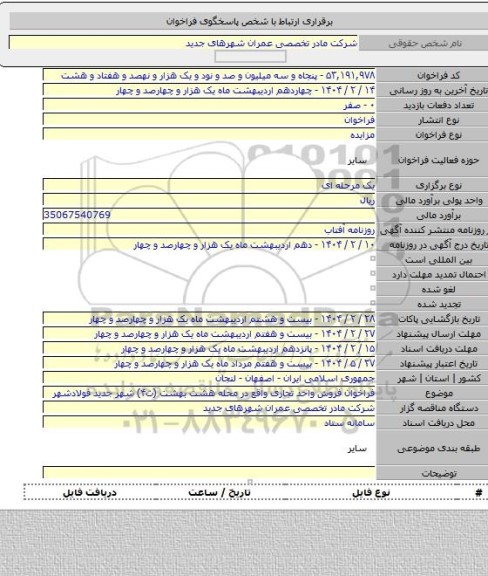 مزایده, فراخوان فروش واحد تجاری واقع در محله هشت بهشت (ث۴) شهر جدید فولادشهر