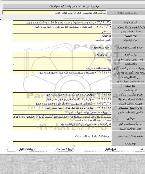 مناقصه, لیست کوتاه برای انتخاب پیمانکاران واجد شرایط (لیست کوتاه)در خصوص پروژه های مسکن مهر، اقدام ملی و نهض