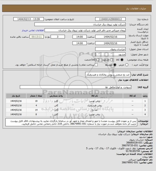 استعلام ضد یخ صنعتی و روغن روانکاری و هیدرولیک