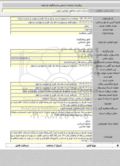 مناقصه, تهیه طبخ سرو و توزیع سه وعده غذا (صبحانه نهار شام) و خدمات اتاقداری در مهمانسراها ی والفجر نفت ۶۷ با