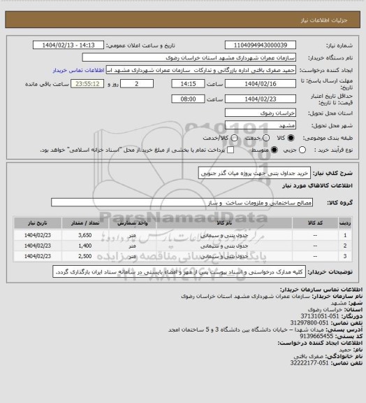 استعلام خرید جداول بتنی جهت پروژه میان گذر جنوبی
