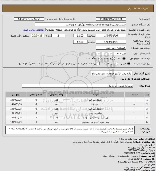 استعلام لوازم پمپ انژکتور مربوط به دیزل پمپ ولو