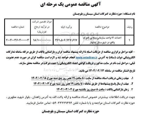 مناقصه  احداث 12 واحد سازمانی ویلایی گمرک...