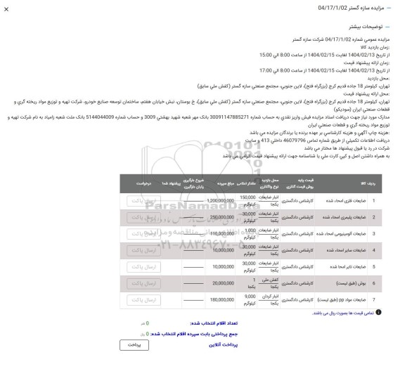 مزایده ضایعات فلزی امحاء شده ...