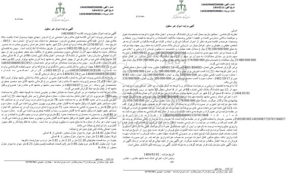 مزایده ششدانگ عرصه و اعیان پلاک ثبتی شماره 96 فرعی