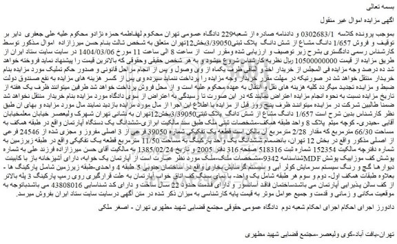 مزایده فروش 1/657 دانگ مشاع از شش دانگ  پلاک ثبتی3/39050