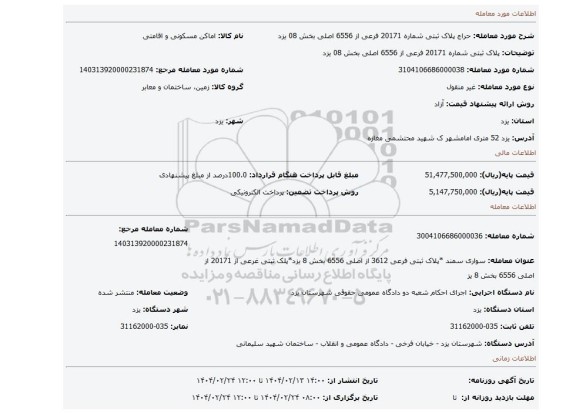 مزایده، پلاک ثبتی شماره 20171 فرعی از 6556 اصلی بخش 08 یزد