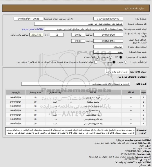 استعلام خرید 7 قلم لوازم برقی