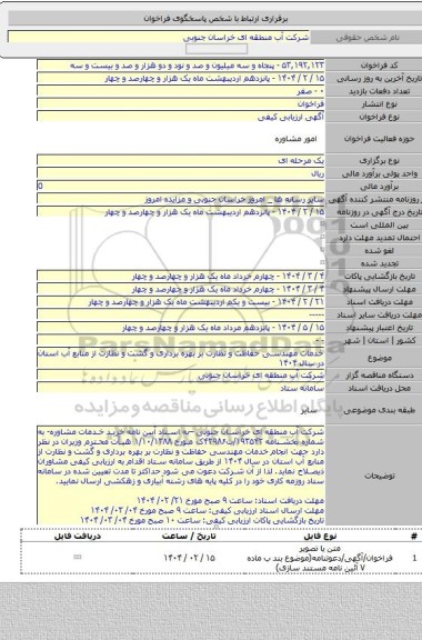 مناقصه, خدمات  مهندسی حفاظت و نظارت بر بهره برداری و گشت و نظارت از منابع آب استان در سال ۱۴۰۴