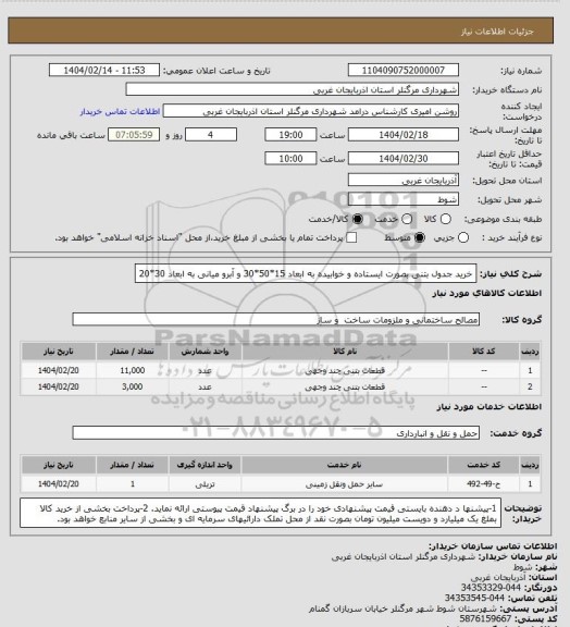 استعلام خرید جدول بتنی بصورت ایستاده و خوابیده به ابعاد 15*50*30 و آبرو میانی به ابعاد  30*20