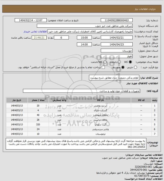 استعلام لوازم یدکی دیترویت دیزل مطابق شرح پیوست