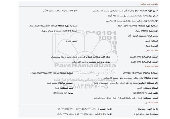 مزایده، لوازم خانگی دست دوم طبق لیست کارشناسی