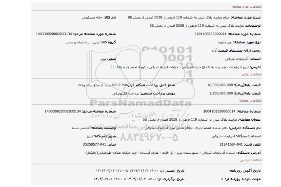 مزایده، مزایده پلاک ثبتی به شماره 119 فرعی از 5058 اصلی از بخش 06