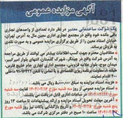 مزایده فروش  تعدادی از واحدهای تجاری باقی مانده