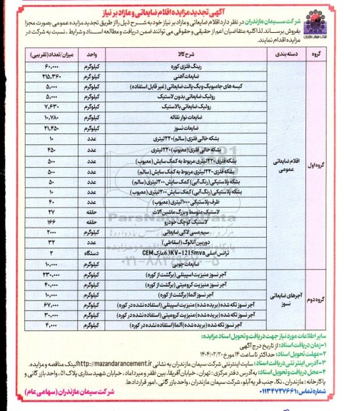 مزایده اقلام ضایعاتی و مازاد بر نیاز تجدید