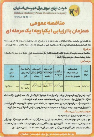 مناقصه توسعه و نوسازی شبکه فشار ضعیف ...