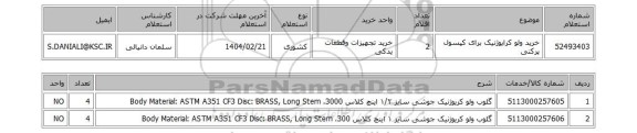 استعلام خرید ولو کرایوژنیک برای کپسول پرکنی