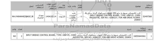 استعلام کارت الکترونیکی مربوط به درایو 250 کیلووات دیسکهای گندله سازی & INPUT BRIDGE CONTROL BOARD, TYPE: AINP-01, CODE: 64530275E, SER NO.: 6280237, FOR ABB DRIVE ACS800, 250KW