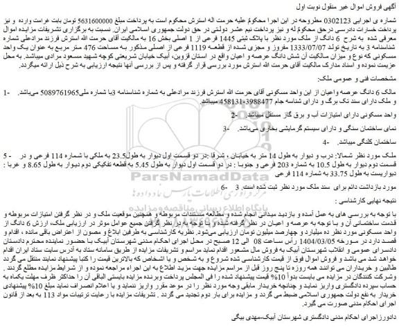 مزایده  6 دانگ از ملک با پلاک ثبتی 1445 فرعی از 1 اصلی