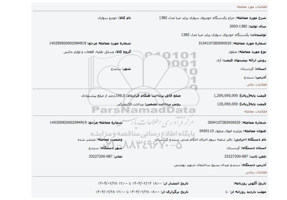 مزایده، یکدستگاه خودروی سواری پراید صبا مدل 1382
