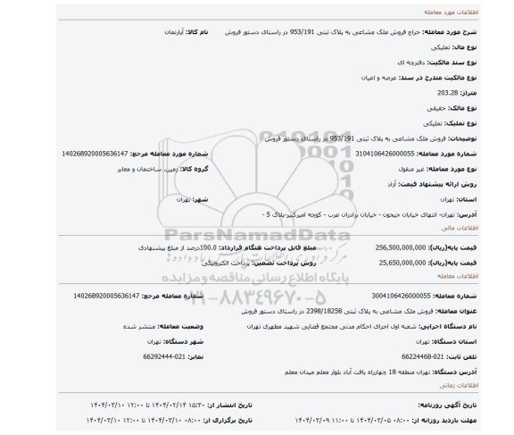 مزایده، فروش ملک مشاعی به پلاک ثبتی 953/191 در راستای دستور فروش