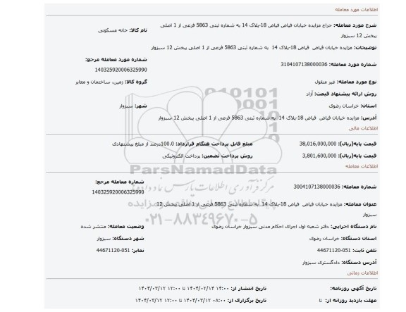 مزایده، مزایده خیابان فیاض فیاض 18-پلاک 14 به شماره ثبتی 5863 فرعی از 1 اصلی یبخش 12 سبزوار