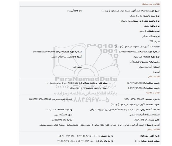 مزایده، آگهی مزایده اموال غیر منقول ( نوبت 1)