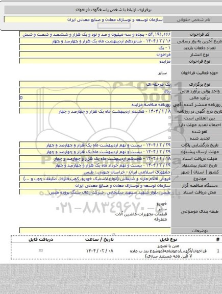 مزایده, فروش اقلام مازاد و ضایعاتی (انواع لاستیک خودرو، کمپ فلزی، ضایعات چوب و ...)