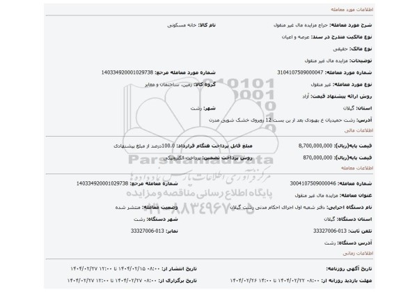 مزایده، مزایده مال غیر منقول