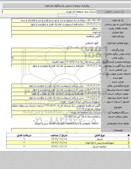 مناقصه, آگهی مناقصه عمومی یک مرحله ای ۱۴۰۴/۱۲۰۰۶- خدمات ترابری پستهای انتقال نیروی دو تهران (۱۴۰۴)