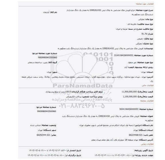 مزایده، فروش ملک مشاعی به پلاک ثبتی 2395/61432   به مقدار یک دانگ مشاع از ششدانگ بابت محکوم به