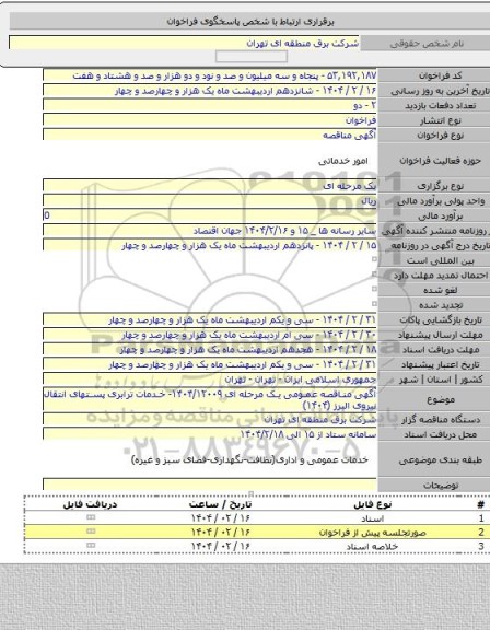 مناقصه, آگهی مناقصه عمومی یک مرحله ای ۱۴۰۴/۱۲۰۰۹- خدمات ترابری پستهای انتقال نیروی البرز (۱۴۰۴)